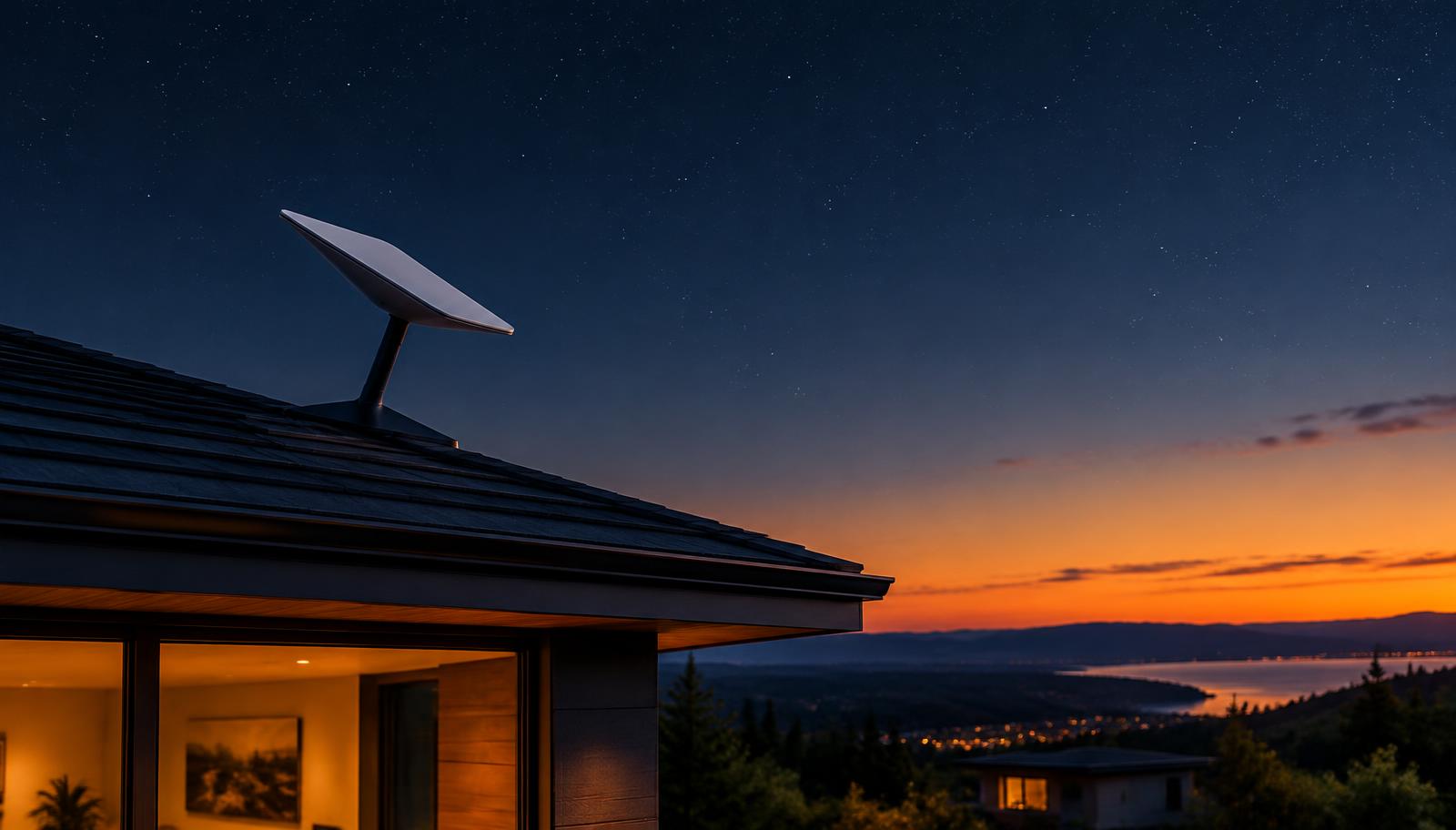 Starlink dish installed on a home roof at dusk